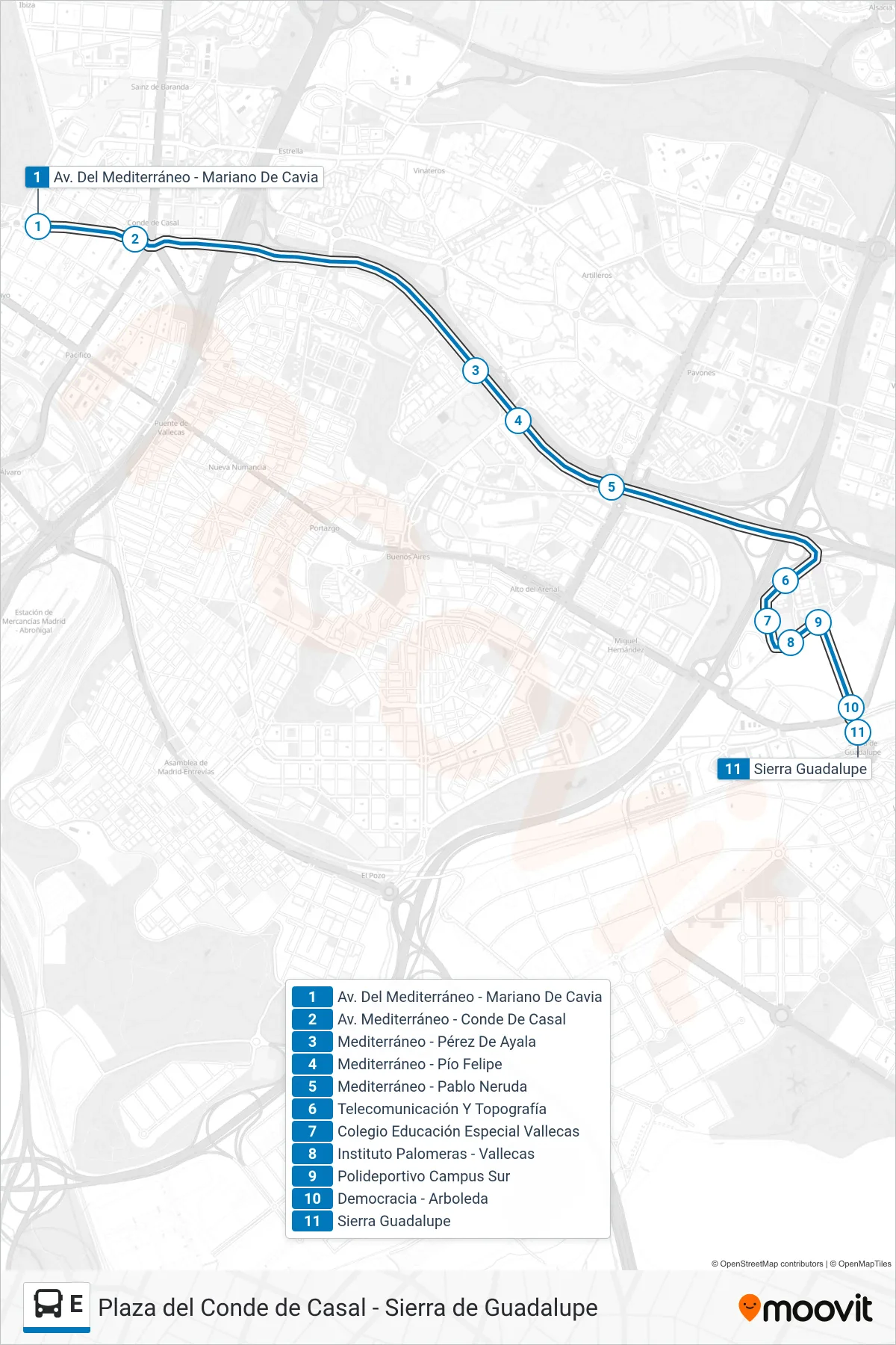 Recorrido y paradas de la línea E de autobús (Sierra Guadalupe) en el mapa