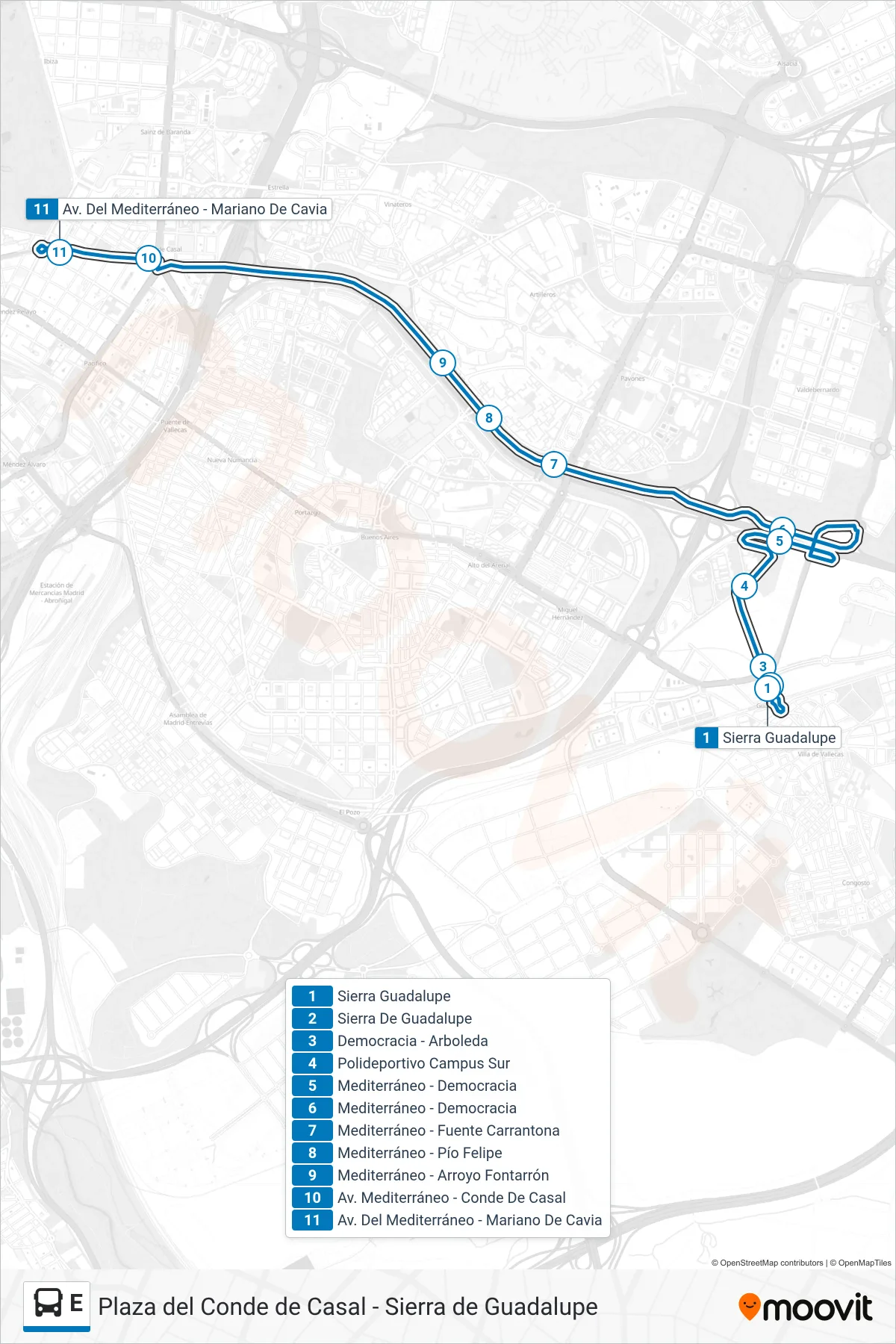 Recorrido y paradas de la línea E de autobús (Conde De Casal) en el mapa