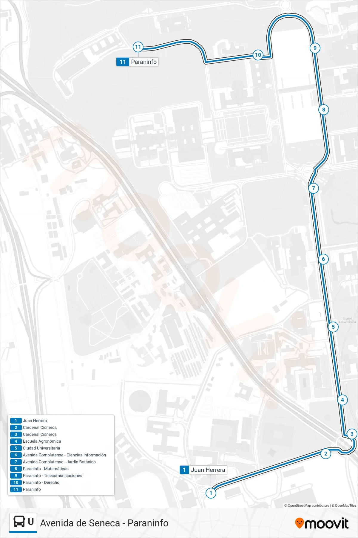 Recorrido y paradas de la línea U de autobús (Paraninfo) en el mapa