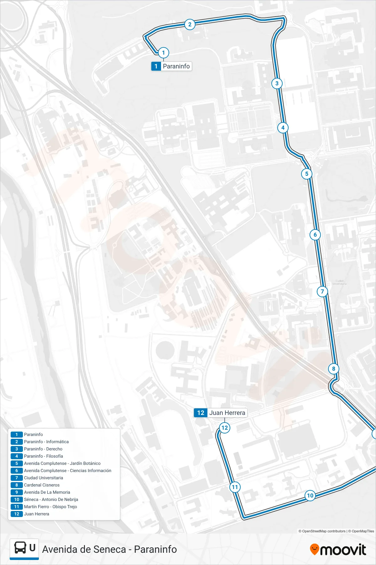 Ruta i parades de la línia U bus (Seneca) en un mapa
