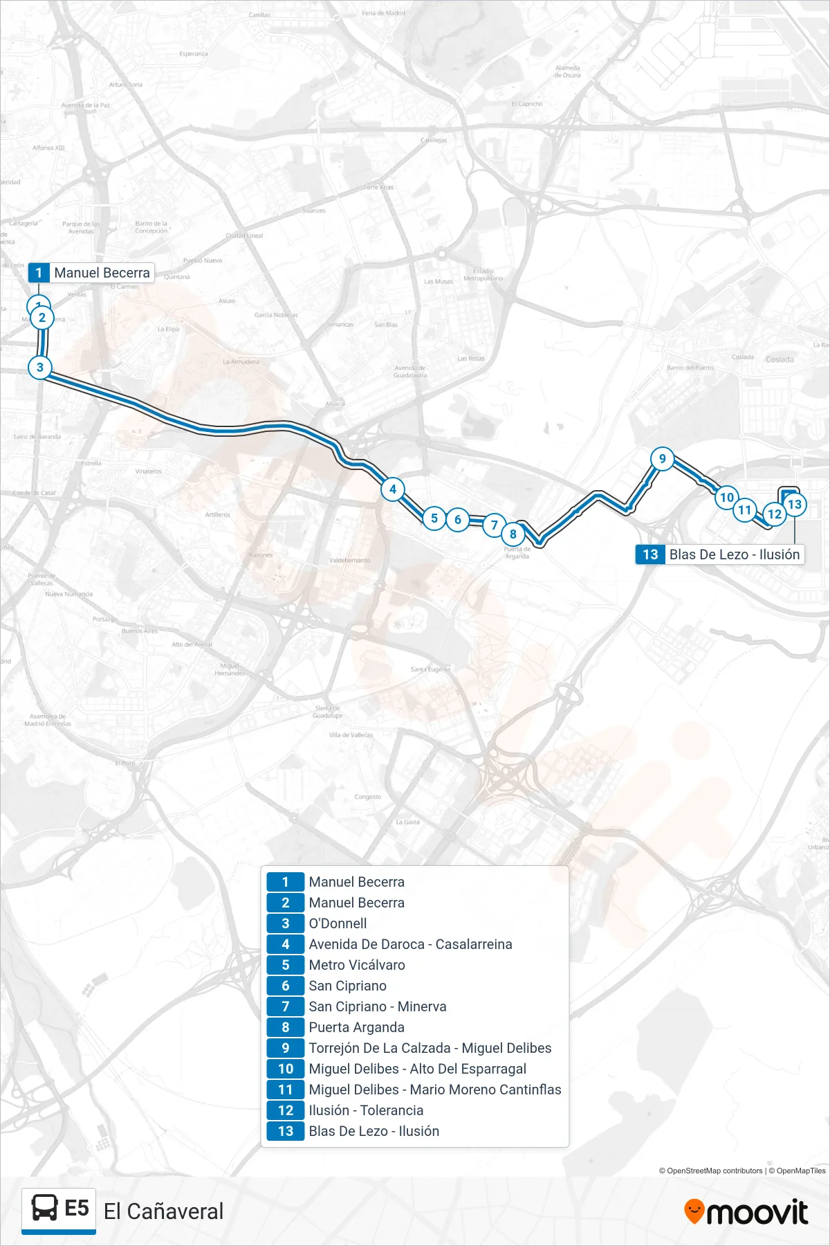 E5 bus Line (El Cañaveral) route and stops on a map