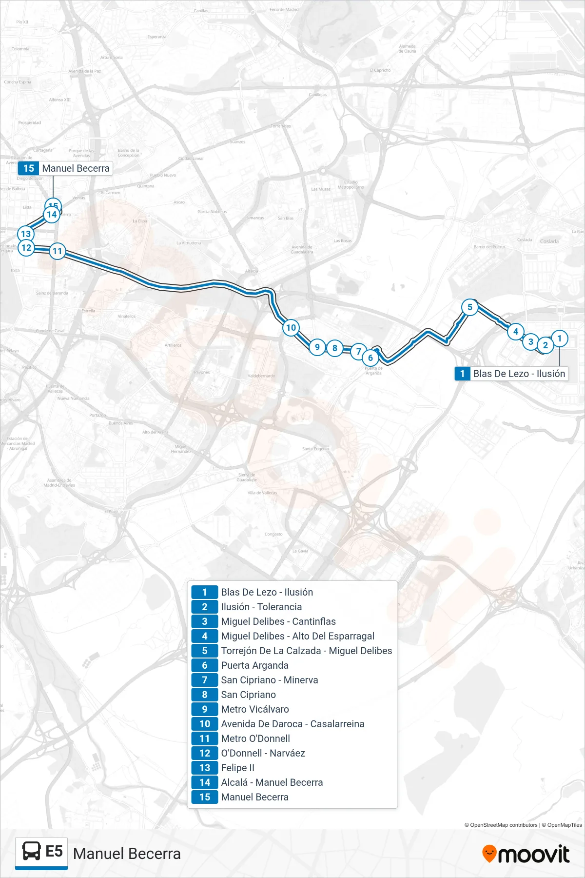 E5 bus Line (Manuel Becerra) route and stops on a map