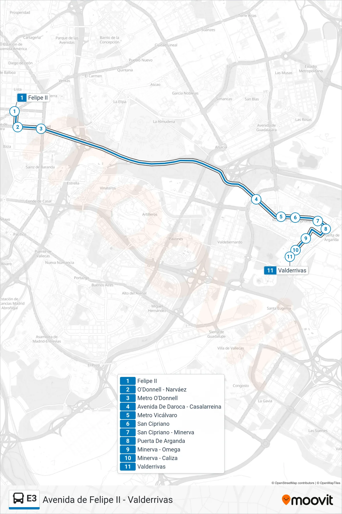 Ruta i parades de la línia E3 bus (Valderrivas) en un mapa