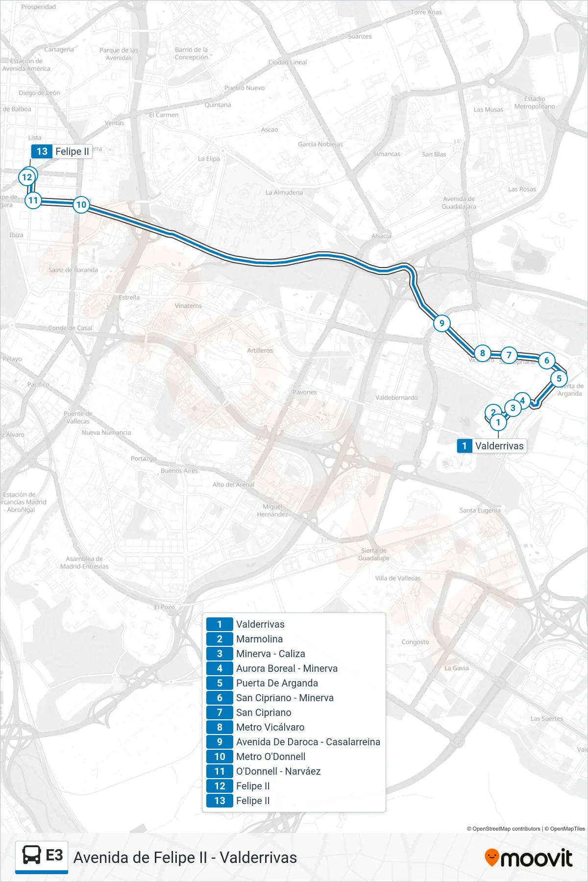 Recorrido y paradas de la línea E3 de autobús (Felipe II) en el mapa