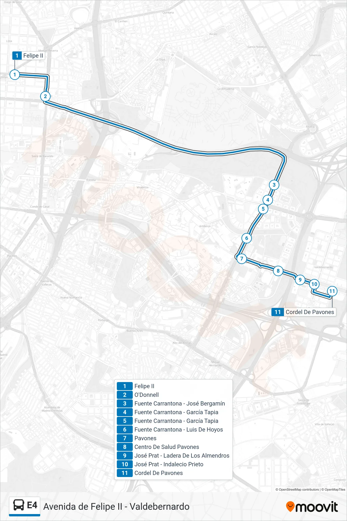 Recorrido y paradas de la línea E4 de autobús (Valdebernardo) en el mapa