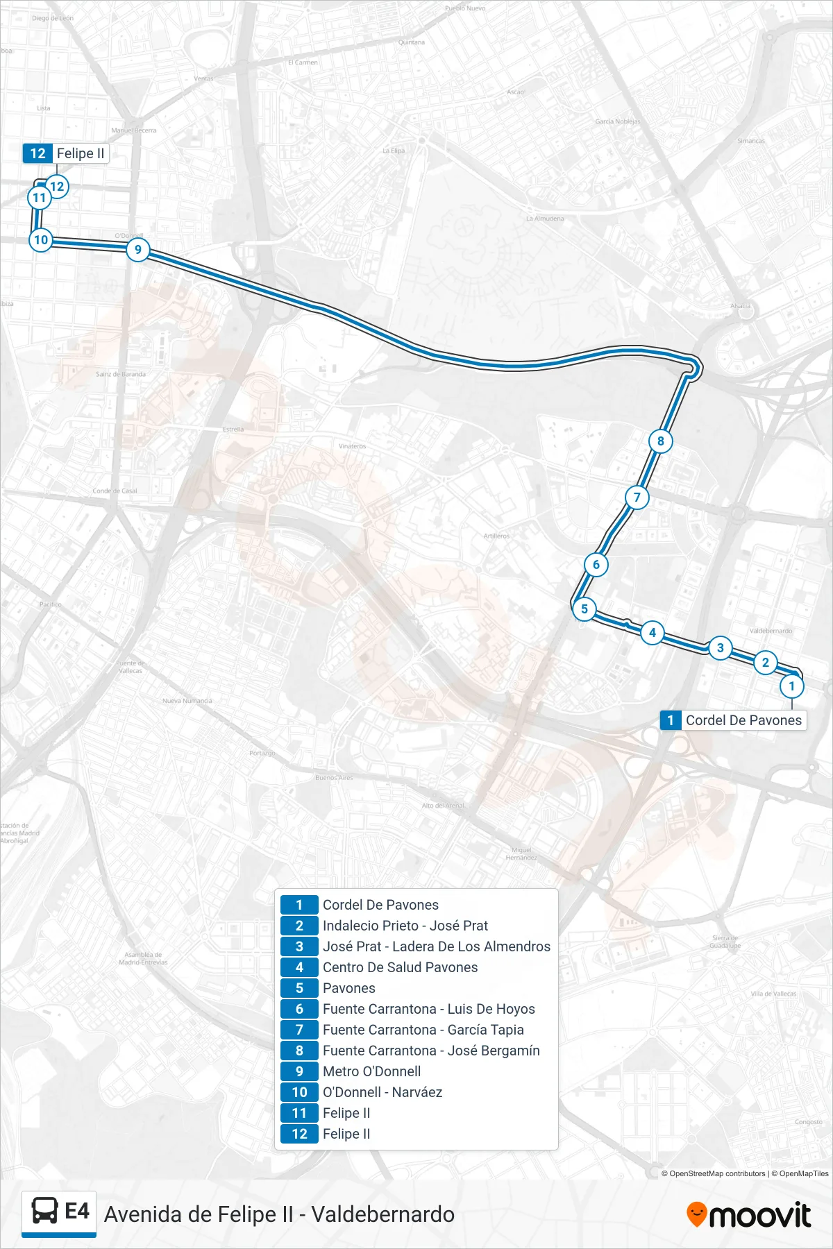 E4 bus Line (Felipe II) route and stops on a map