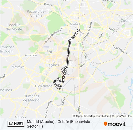 Mapa de N801 de autobús