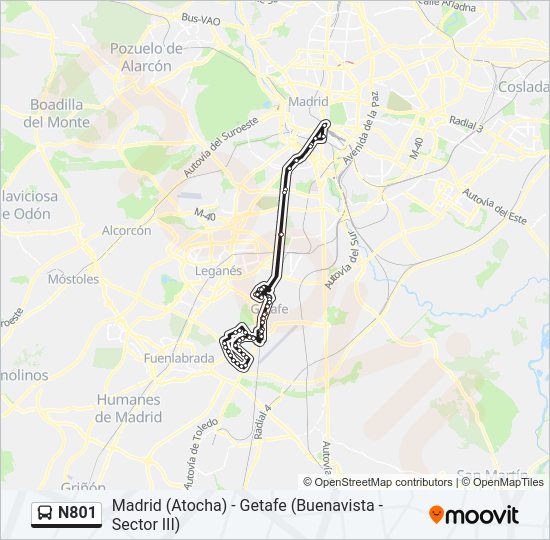 Mapa de N801 de autobús