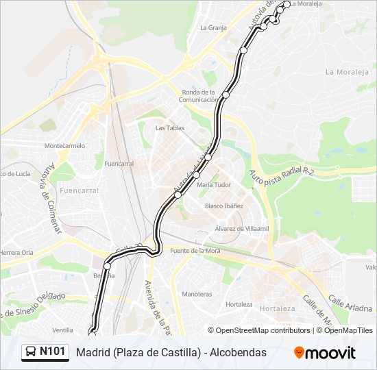 Mapa de N101 de autobús