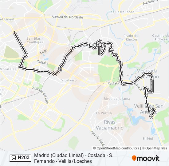 Mapa de N203 de autobús