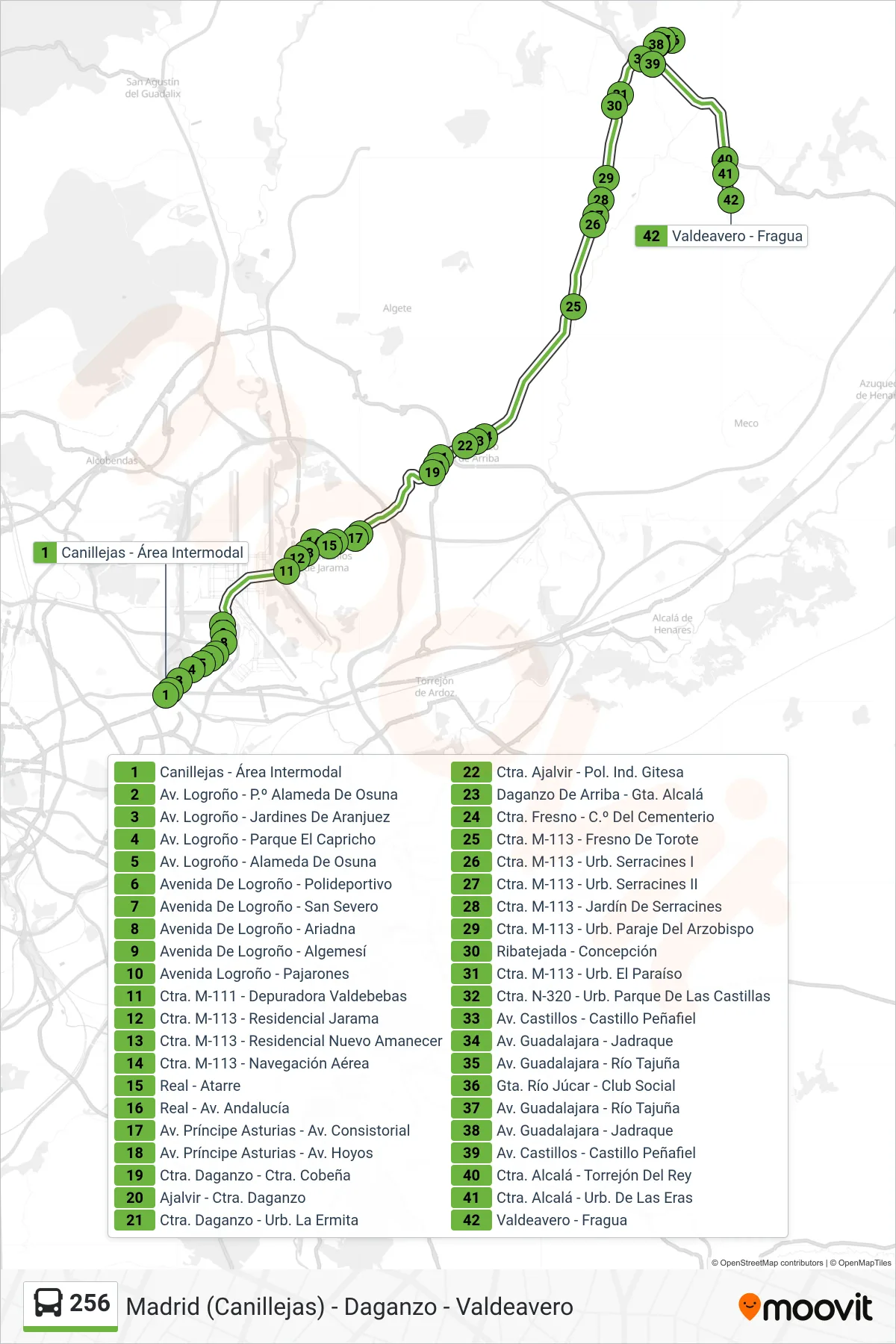 256 bus Line (Canillejas - Área Intermodal‎→Valdeavero - Fragua) route and stops on a map