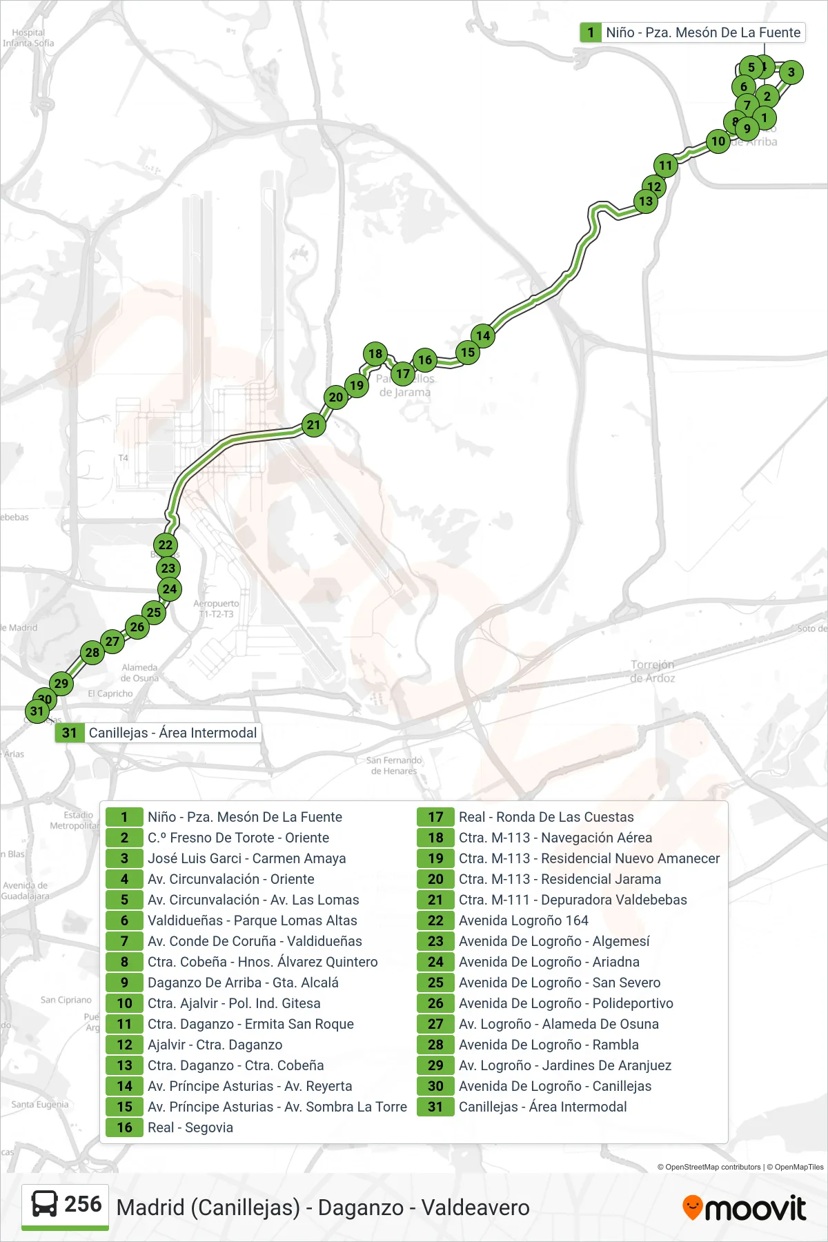 Ruta i parades de la línia 256 bus (Niño - Pza. Mesón De La Fuente→Canillejas - Área Intermodal) en un mapa