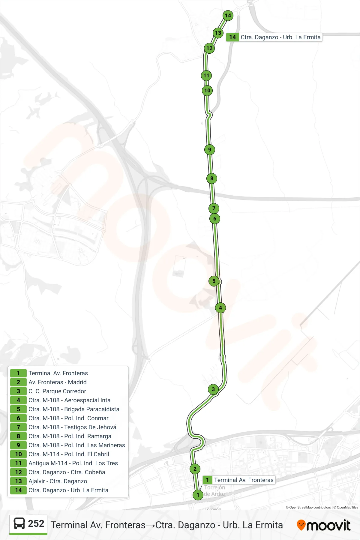 252 bus Line (Terminal Av. Fronteras‎→Ctra. Daganzo - Urb. La Ermita) route and stops on a map