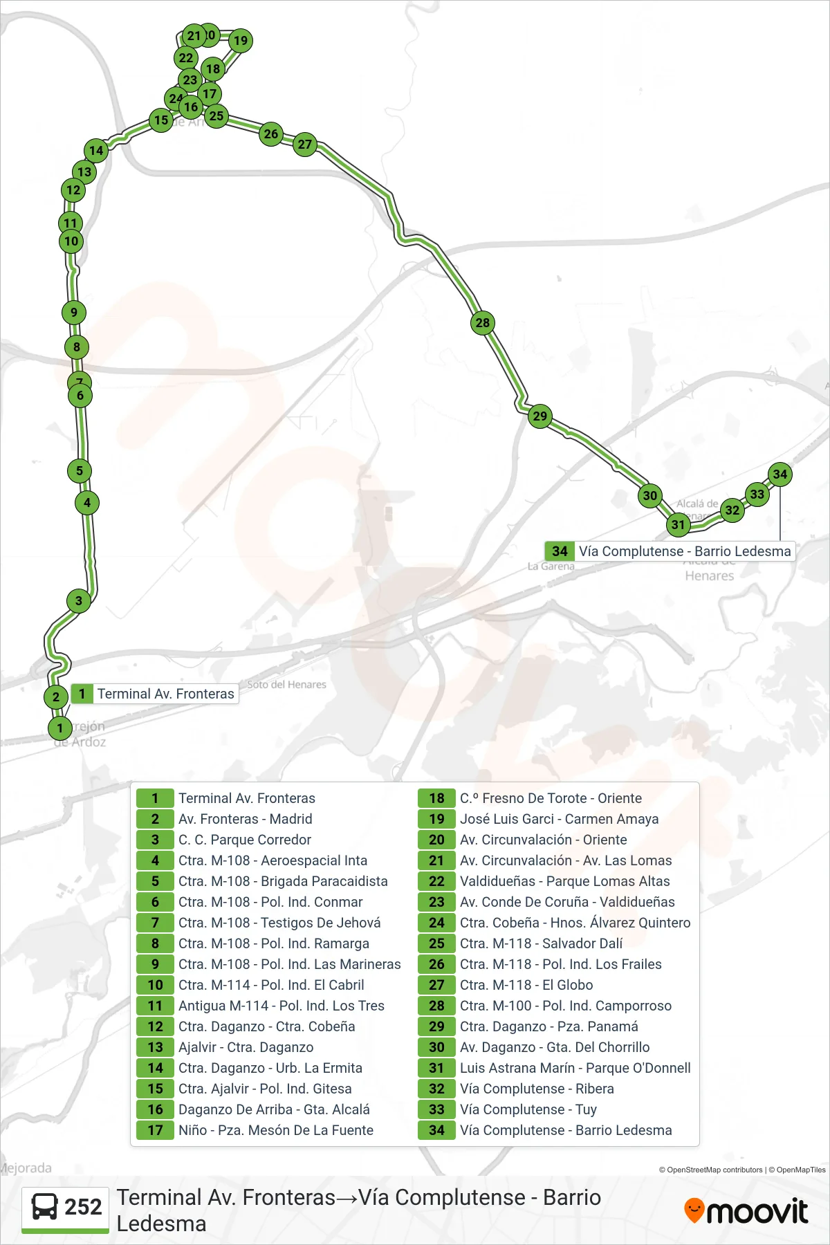 252 bus Line (Terminal Av. Fronteras‎→Vía Complutense - Barrio Ledesma) route and stops on a map