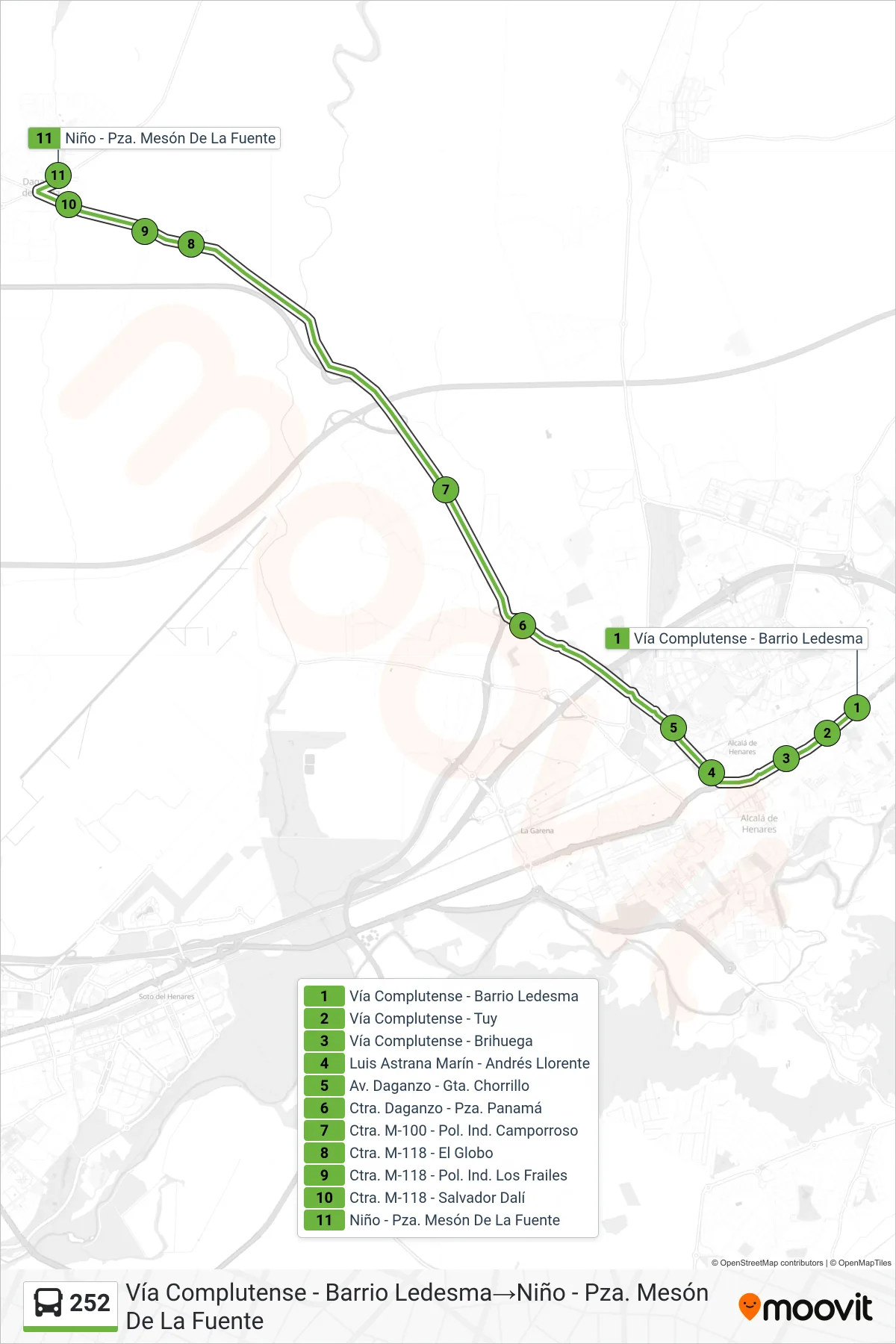 Recorrido y paradas de la línea 252 de autobús (Vía Complutense - Barrio Ledesma→Niño - Pza. Mesón De La Fuente) en el mapa