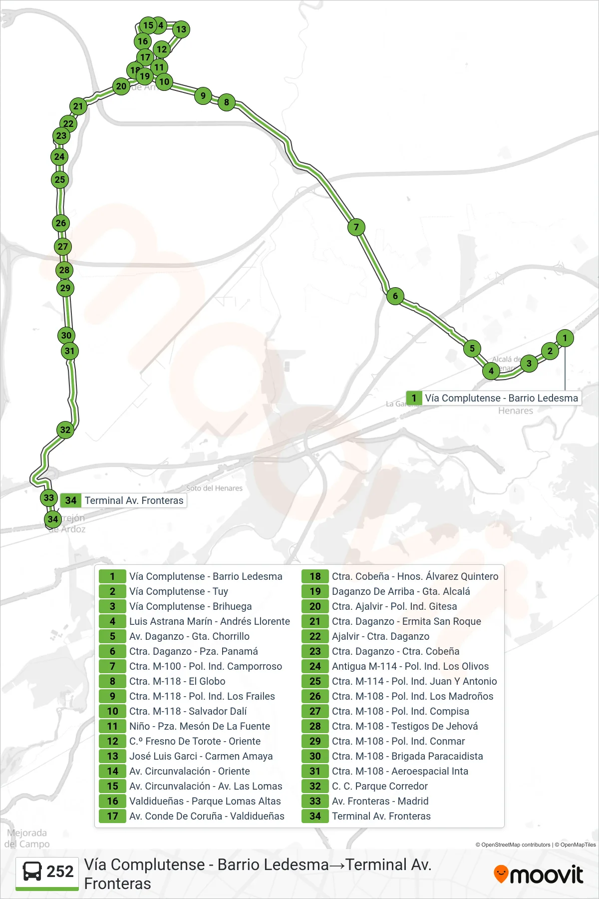252 bus Line (Vía Complutense - Barrio Ledesma‎→Terminal Av. Fronteras) route and stops on a map