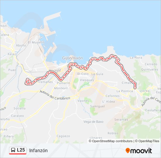 Mapa de L25 de autobús