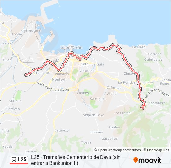 Mapa de L25 de autobús