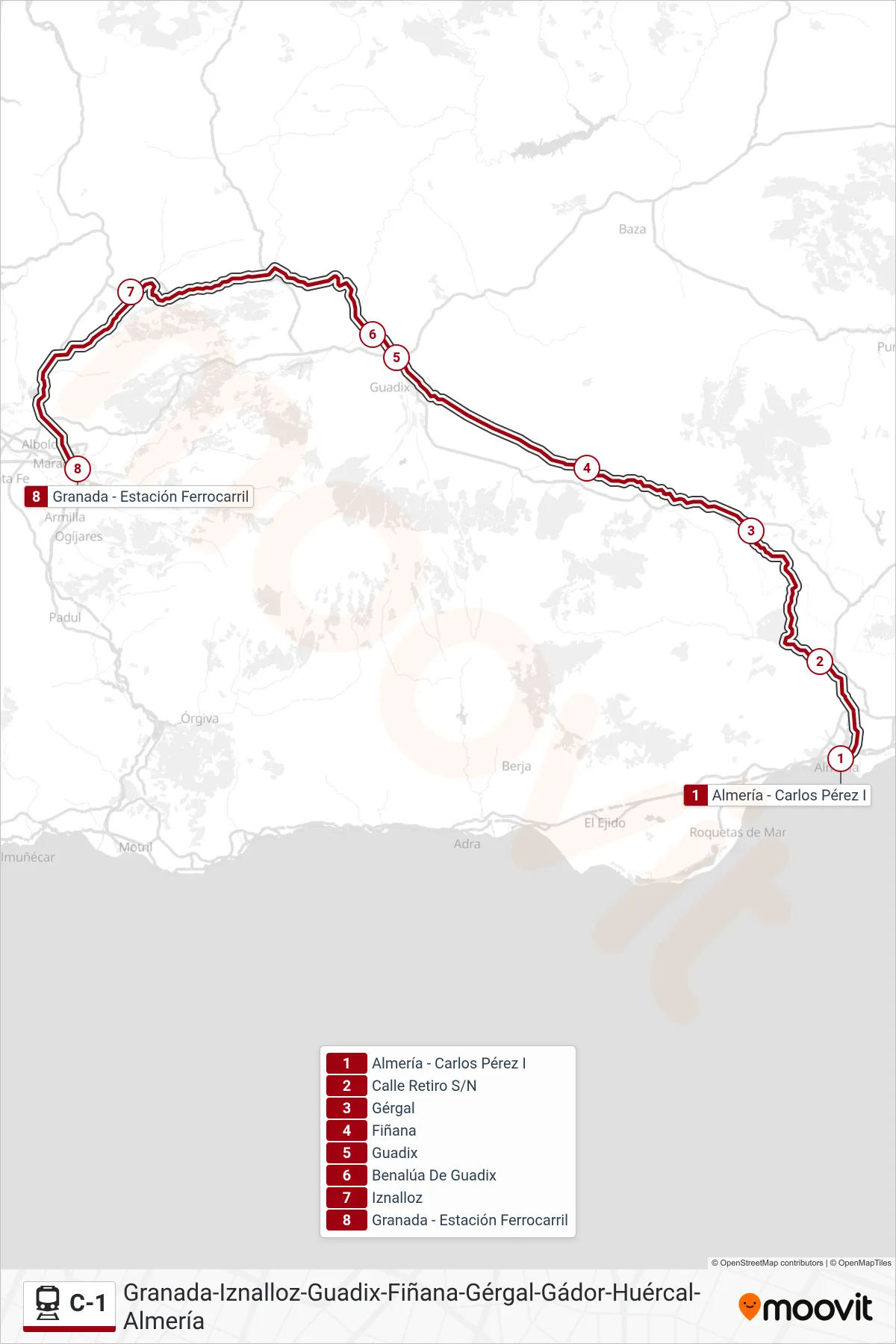 C-1 train Line (Almería - Estación Alcalde Carlos Pérez Pérez‎→Estación Ferrocarril) route and stops on a map