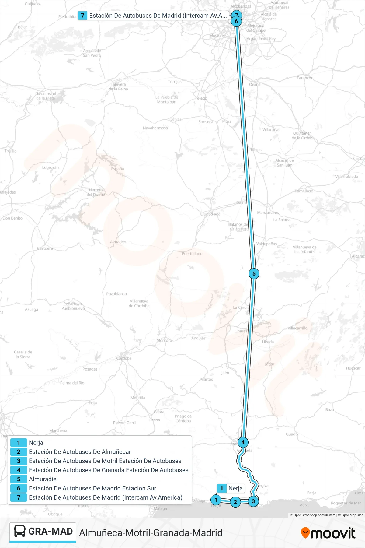Ruta i parades de la línia GRA-MAD bus (Nerja→Madrid (Intercam Av.America)) en un mapa