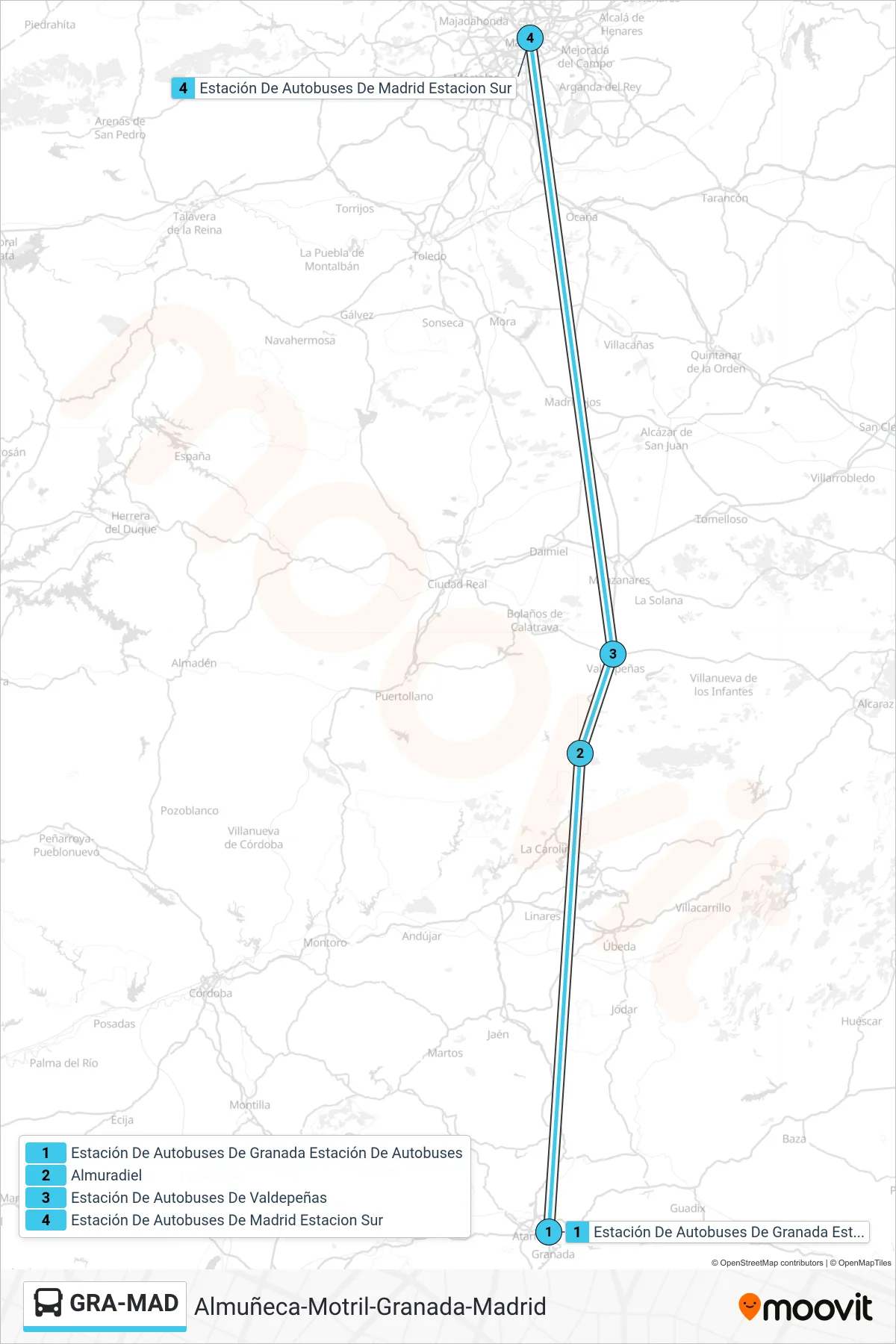 Recorrido y paradas de la línea GRA-MAD de autobús (Granada Estación De Autobuses→Madrid Estacion Sur) en el mapa