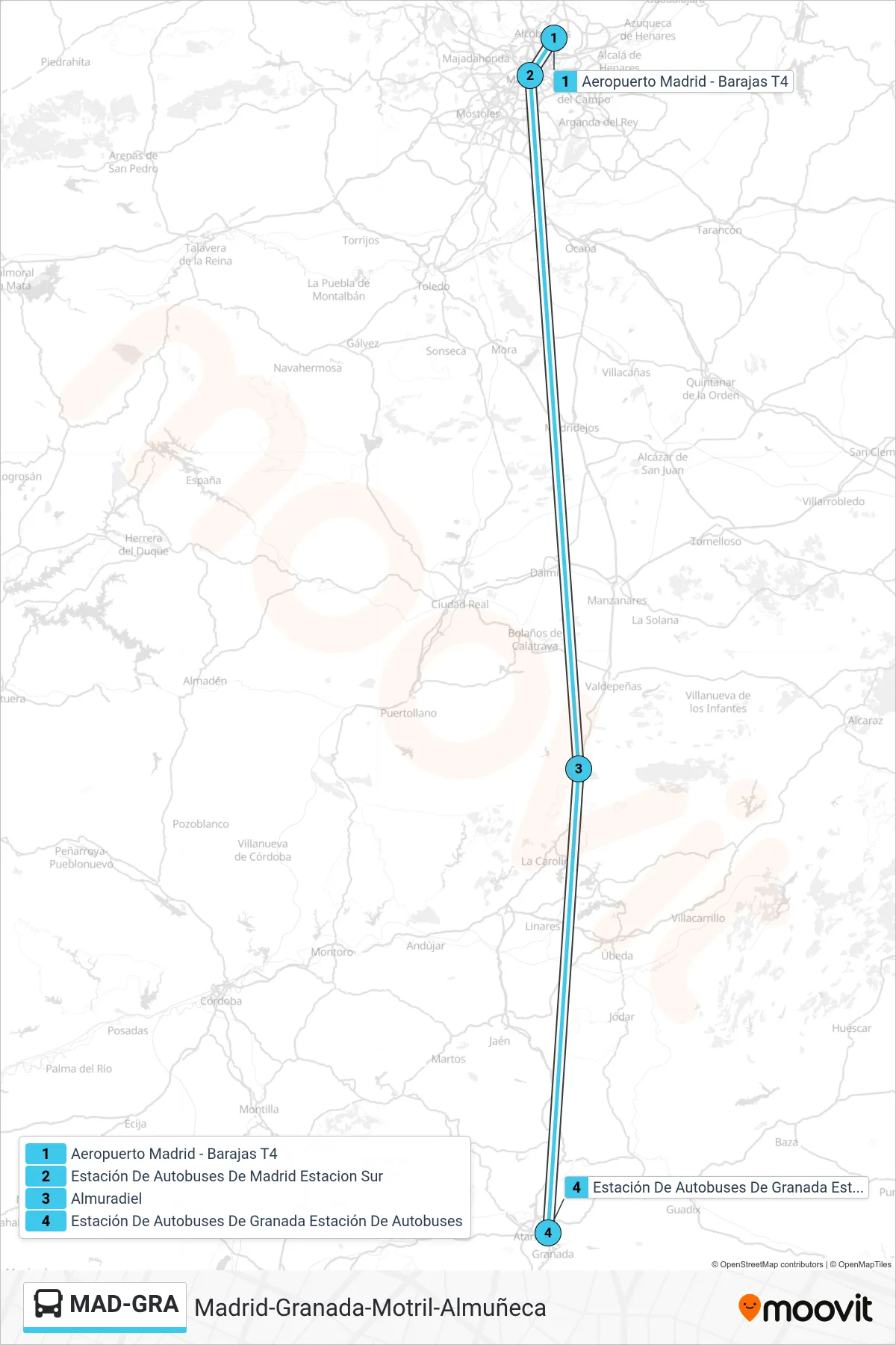 Recorrido y paradas de la línea MAD-GRA de autobús (Aeropuerto Madrid - Barajas T4→Granada Estación De Autobuses) en el mapa