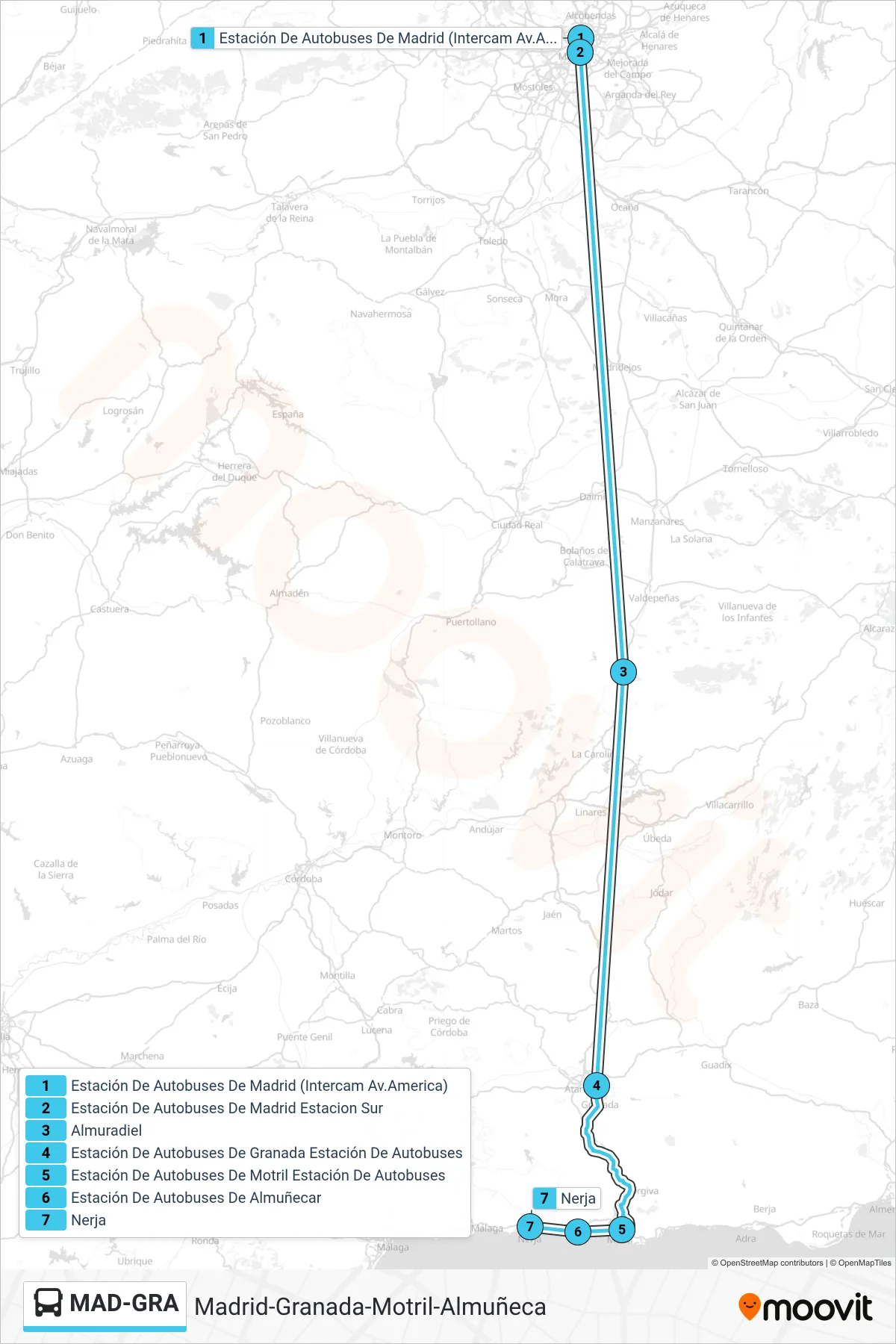MAD-GRA bus Line (Madrid (Intercam Av.America)→Nerja) route and stops on a map