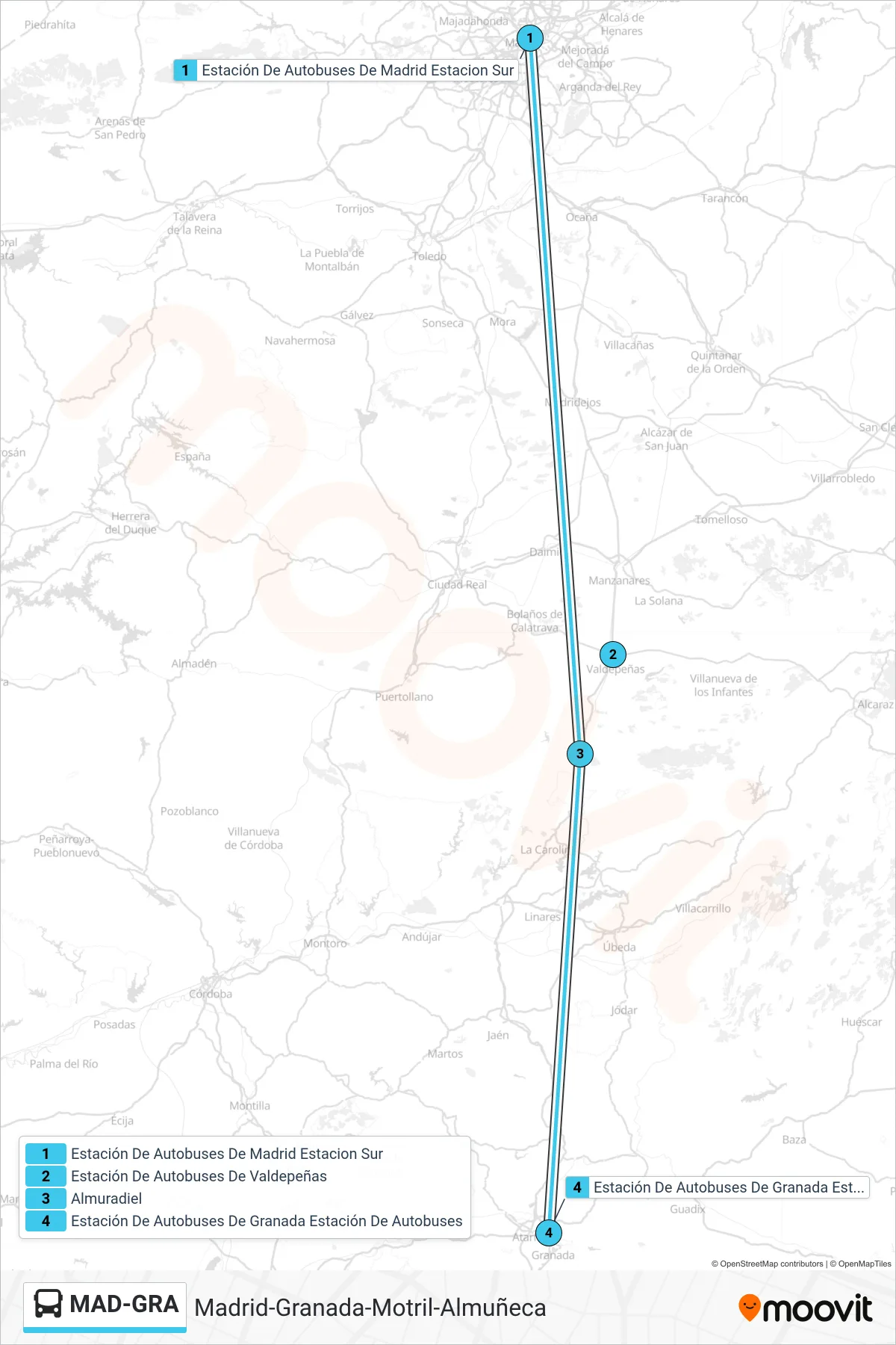 Recorrido y paradas de la línea MAD-GRA de autobús (Madrid Estacion Sur→Granada Estación De Autobuses) en el mapa