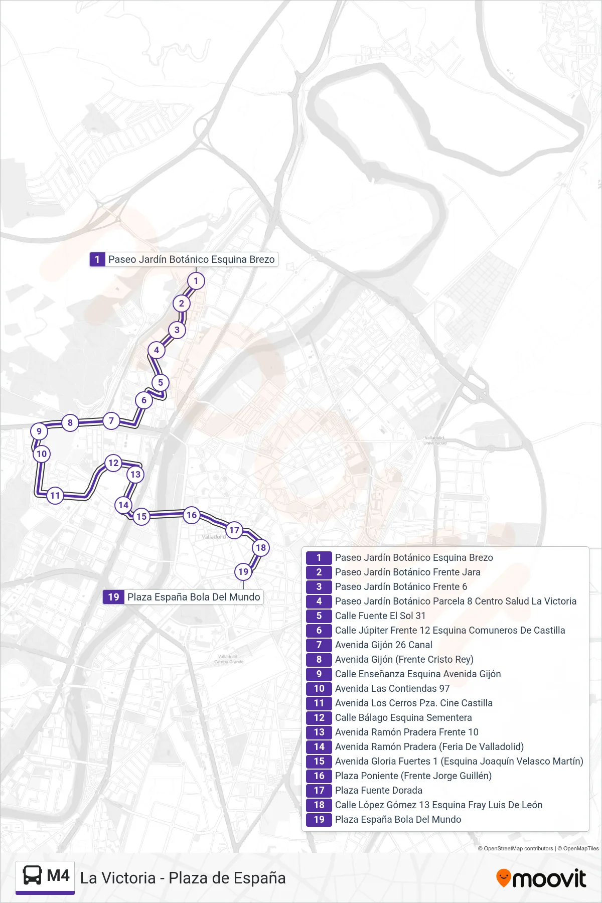 Recorrido y paradas de la línea M4 de autobús (Pza. España) en el mapa