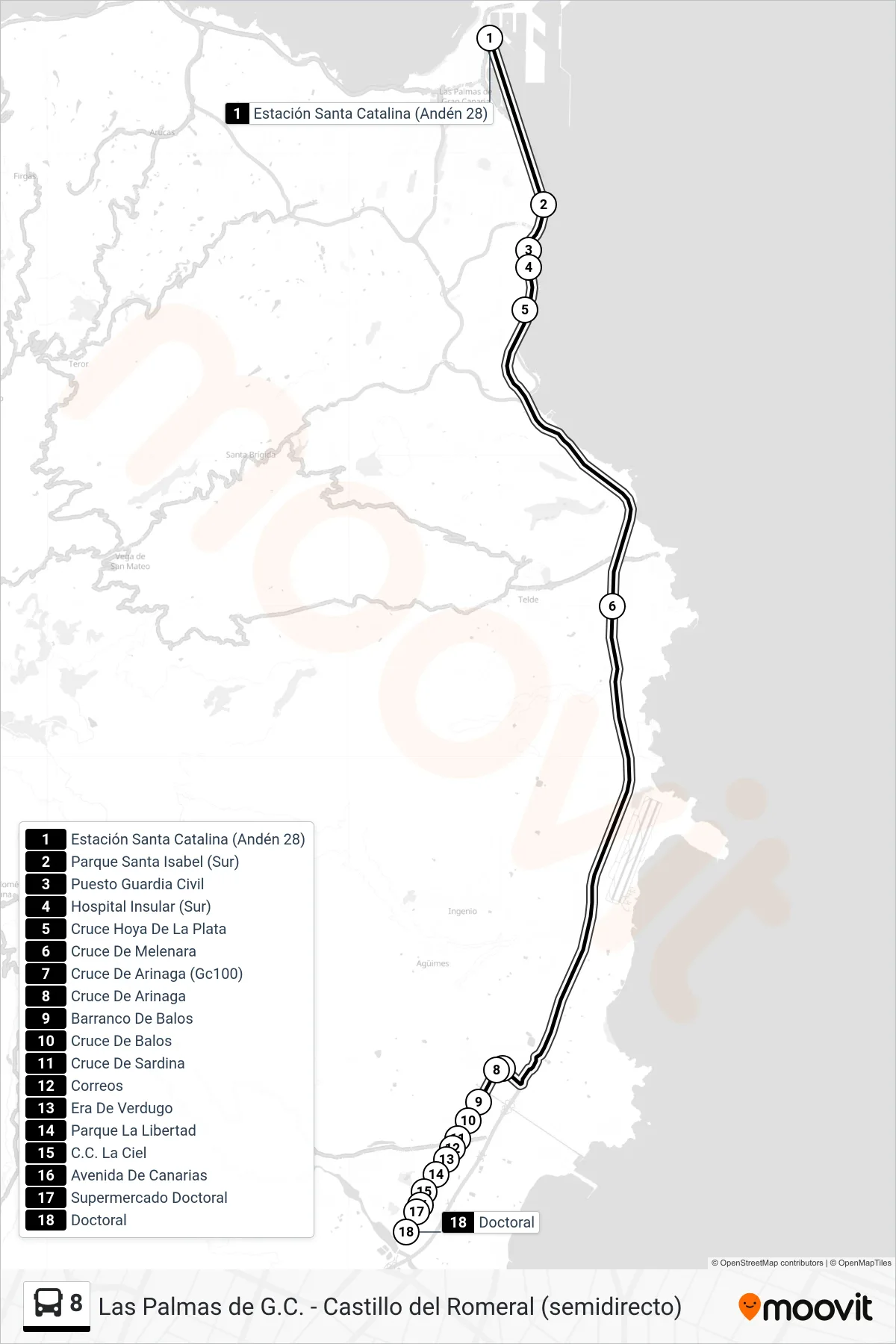 Recorrido y paradas de la línea 8 de autobús (Estación Santa Catalina (Andén 28)‎→Doctoral) en el mapa