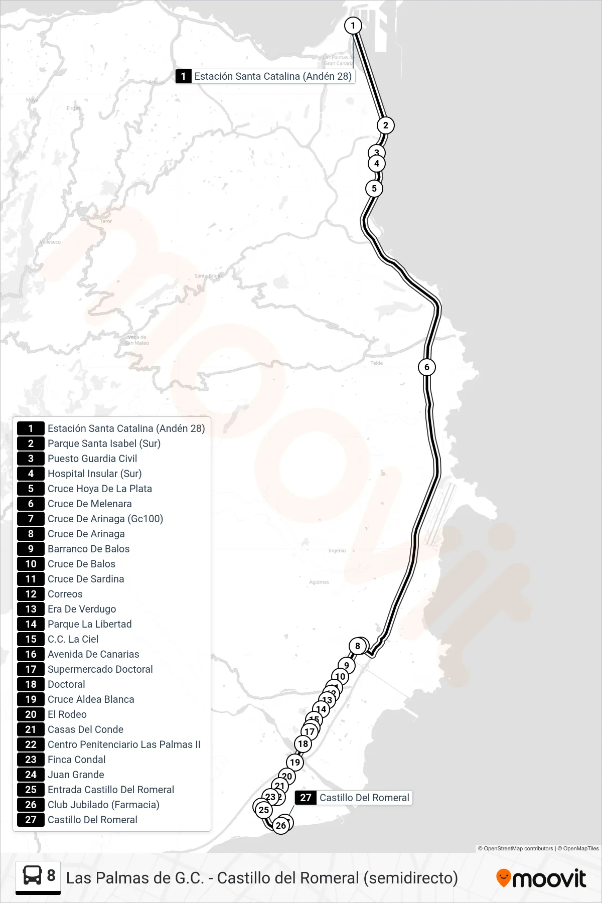 Recorrido y paradas de la línea 8 de autobús (Estación Santa Catalina (Andén 28)→Castillo Del Romeral) en el mapa