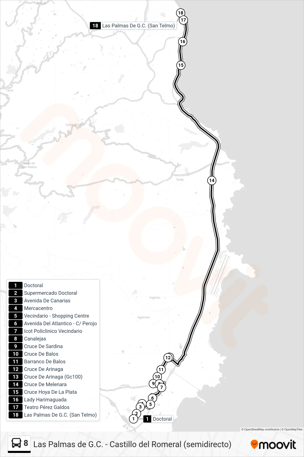 Recorrido y paradas de la línea 8 de autobús (Doctoral‎→Las Palmas De G.C. (San Telmo)) en el mapa
