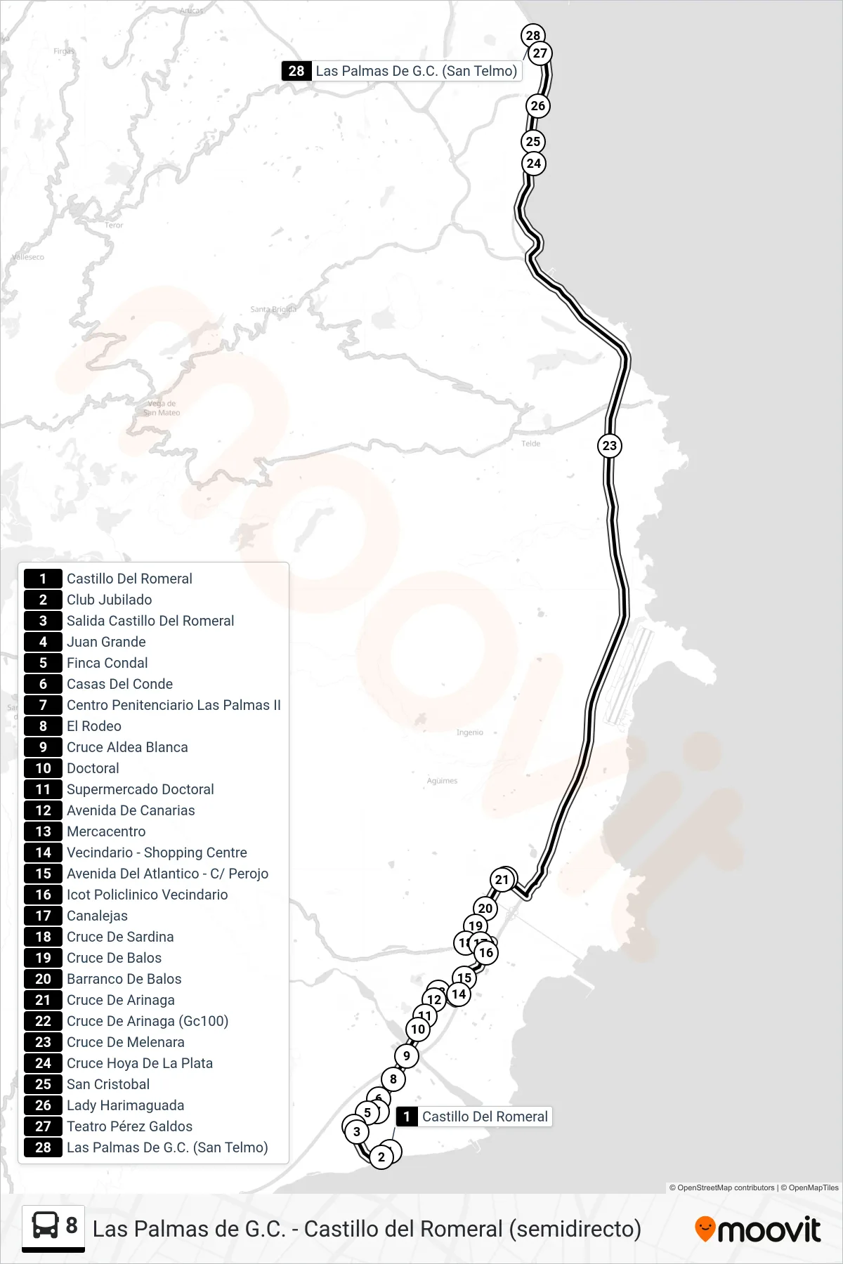 Recorrido y paradas de la línea 8 de autobús (Castillo Del Romeral‎→Las Palmas De G.C. (San Telmo)) en el mapa