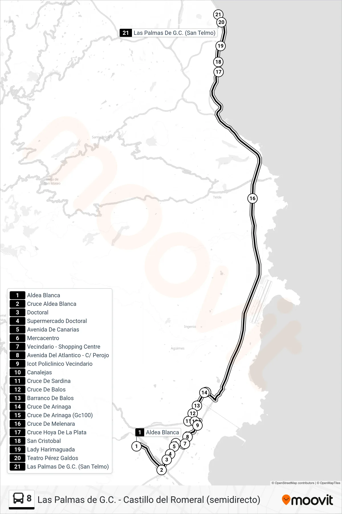 Recorrido y paradas de la línea 8 de autobús (Aldea Blanca‎→Las Palmas De G.C. (San Telmo)) en el mapa