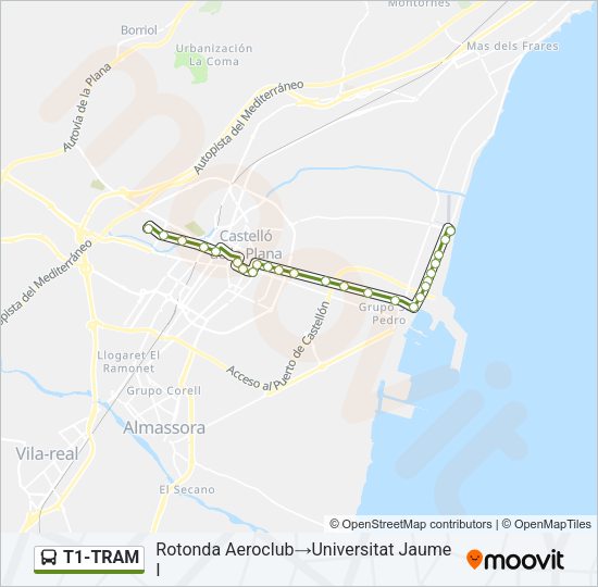 Mapa de T1-TRAM de autobús