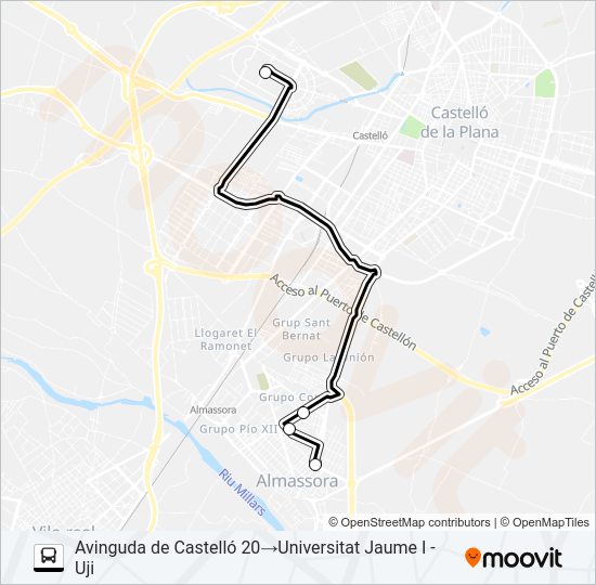 Mapa de BORRIANA - ALMASSORA - UJI de autobús