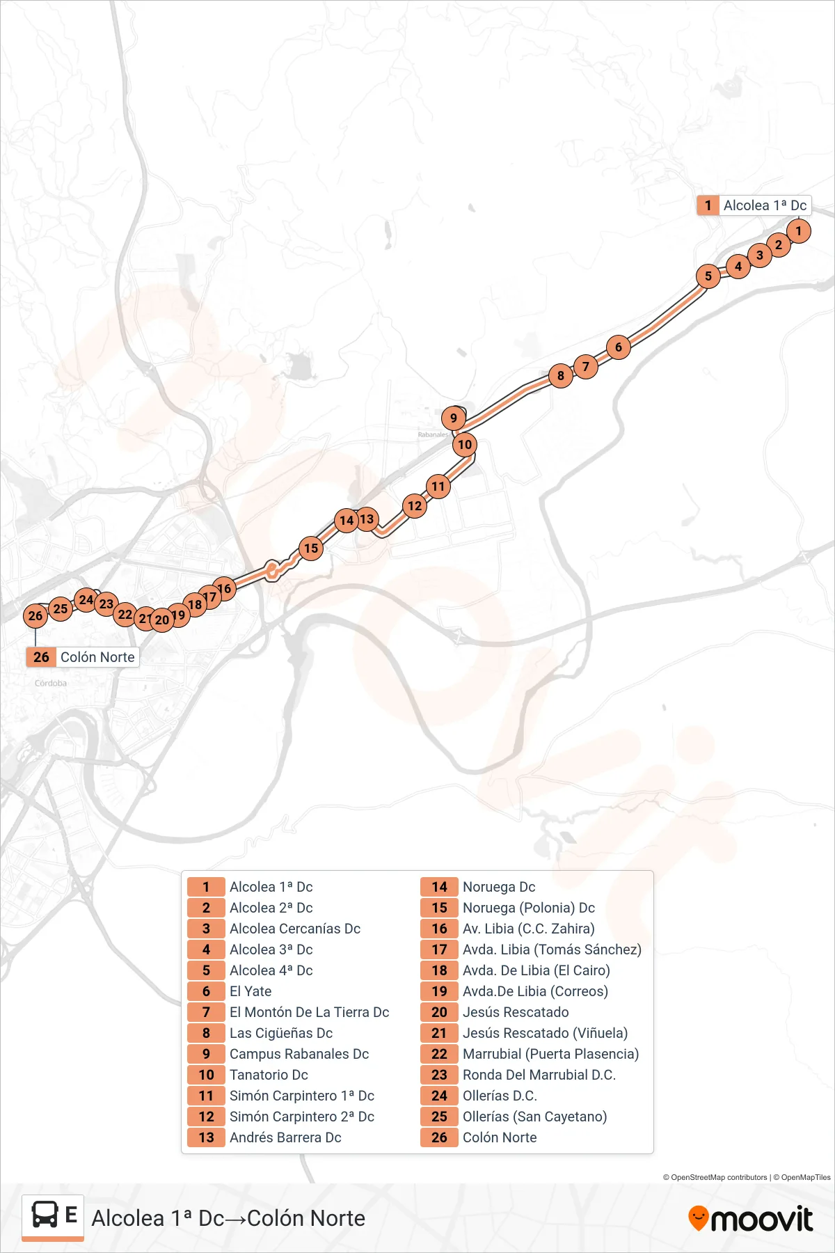 Ruta i parades de la línia E bus (Alcolea 1ª Dc‎→Colón Norte) en un mapa