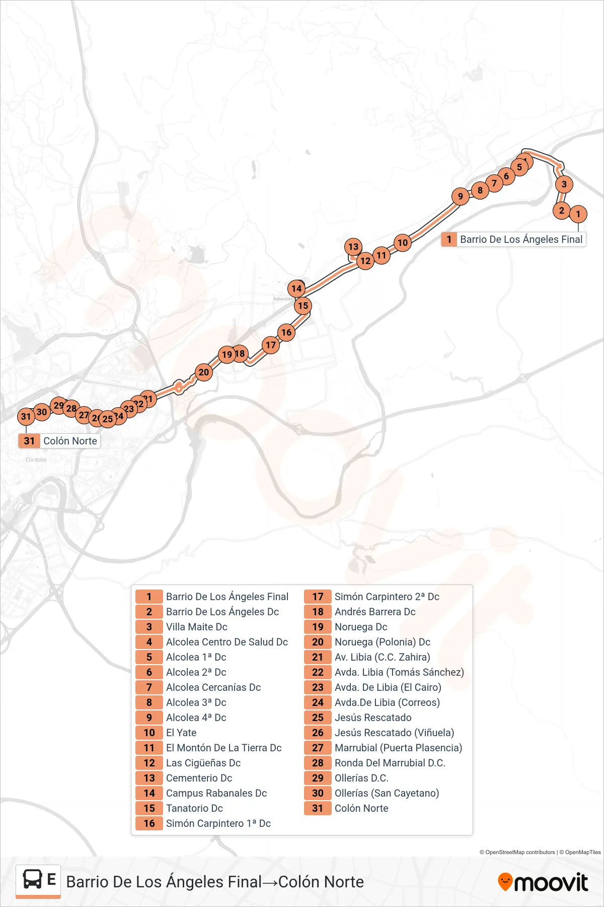 Recorrido y paradas de la línea E de autobús (Barrio De Los Ángeles Final→Colón Norte) en el mapa