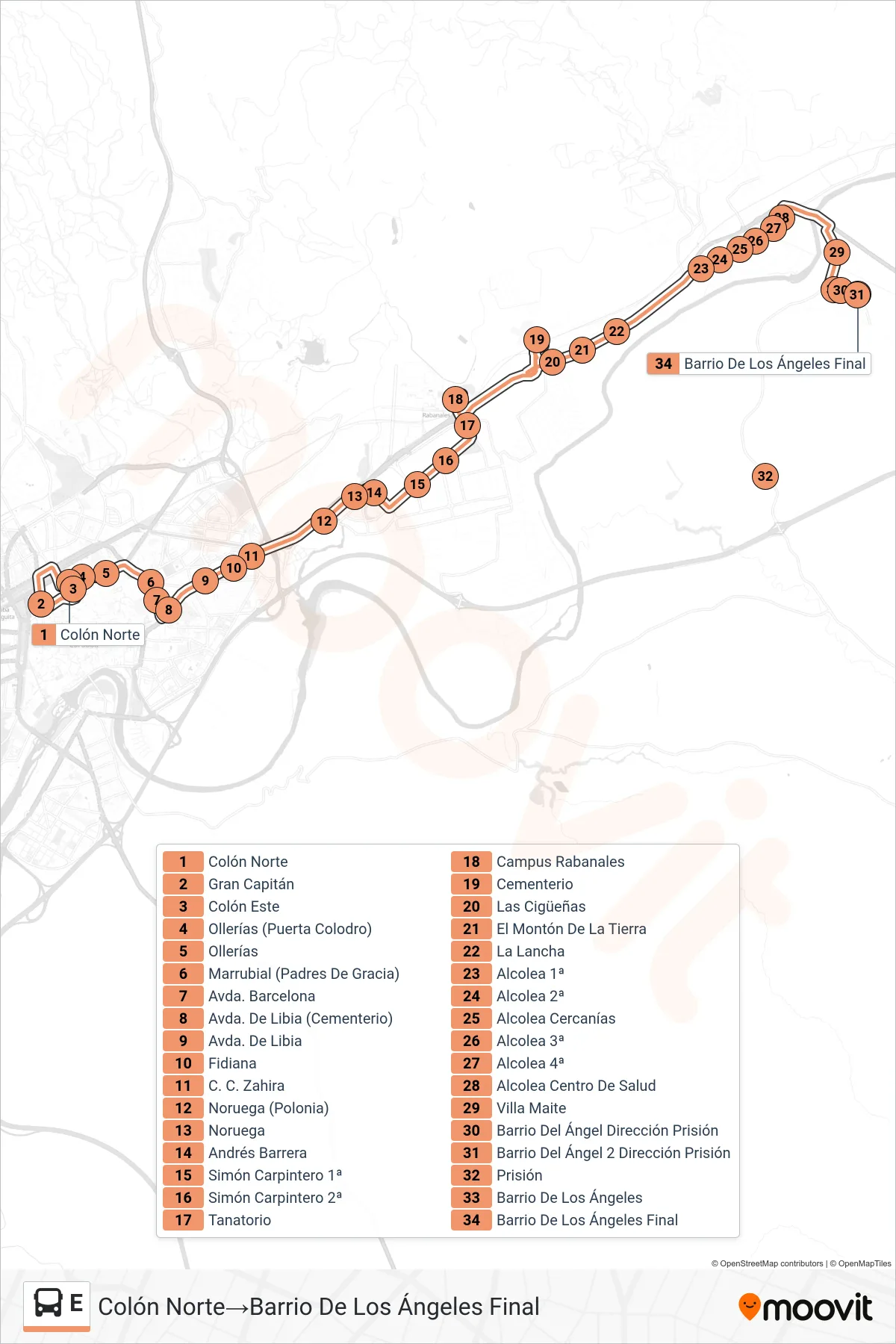 E bus Line (Colón Norte‎→Barrio De Los Ángeles Final) route and stops on a map