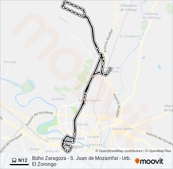 Mapa de N12 de autobús