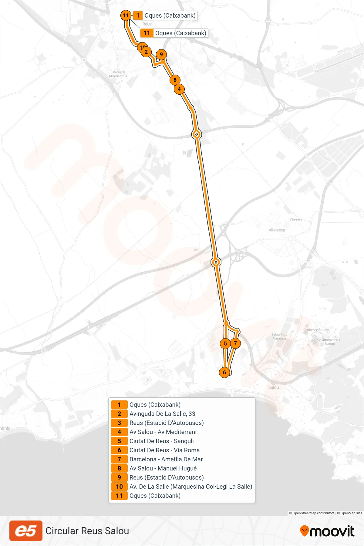 Recorrido y paradas de la línea E5 de autobús (Circular Reus Salou) en el mapa