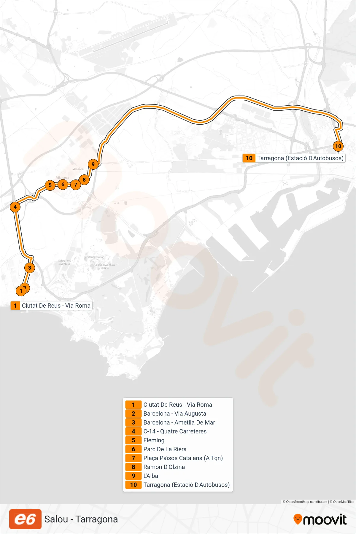 Recorrido y paradas de la línea E6 de autobús (Salou - Tarragona) en el mapa