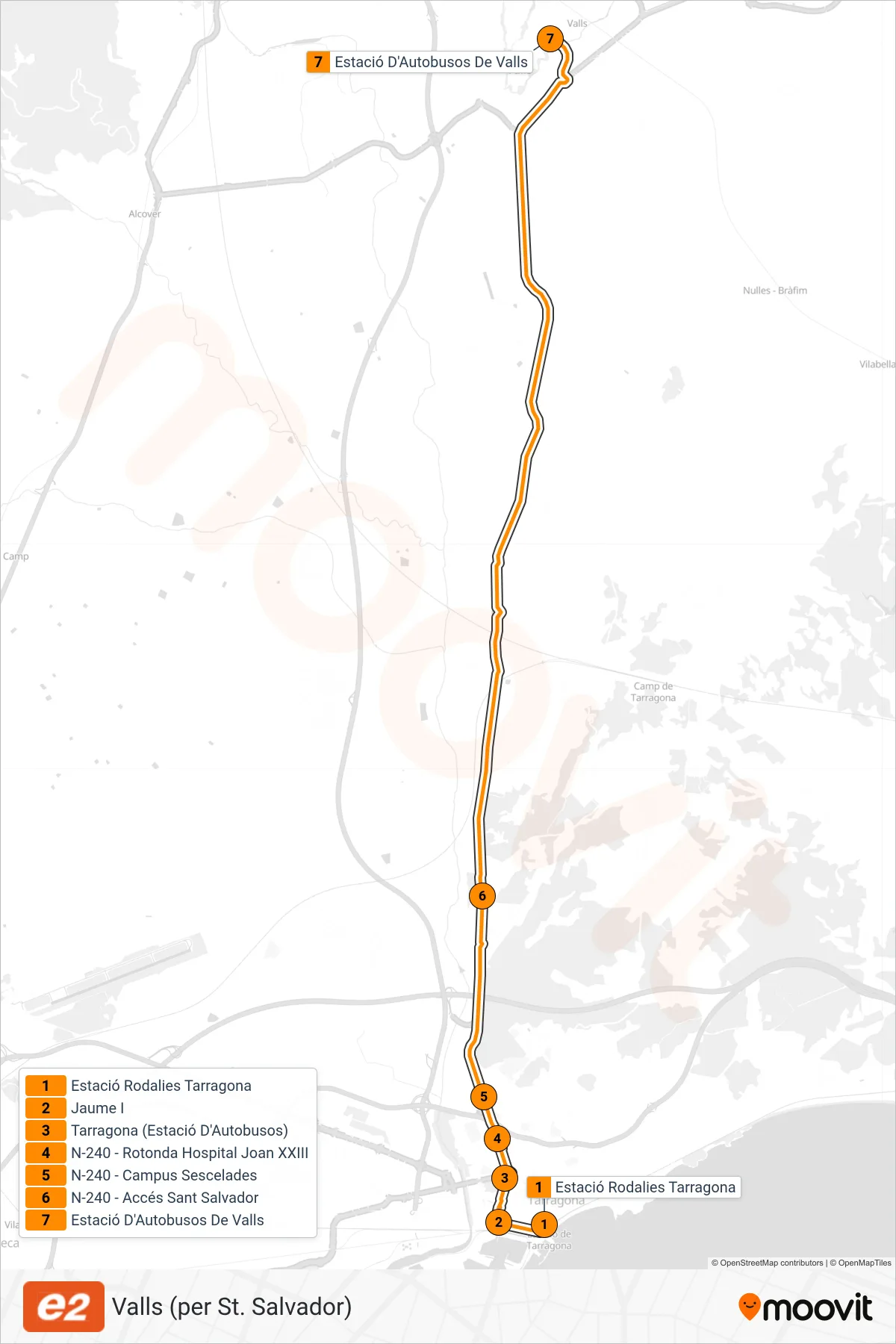 E2 bus Line (Valls (per St. Salvador)) route and stops on a map