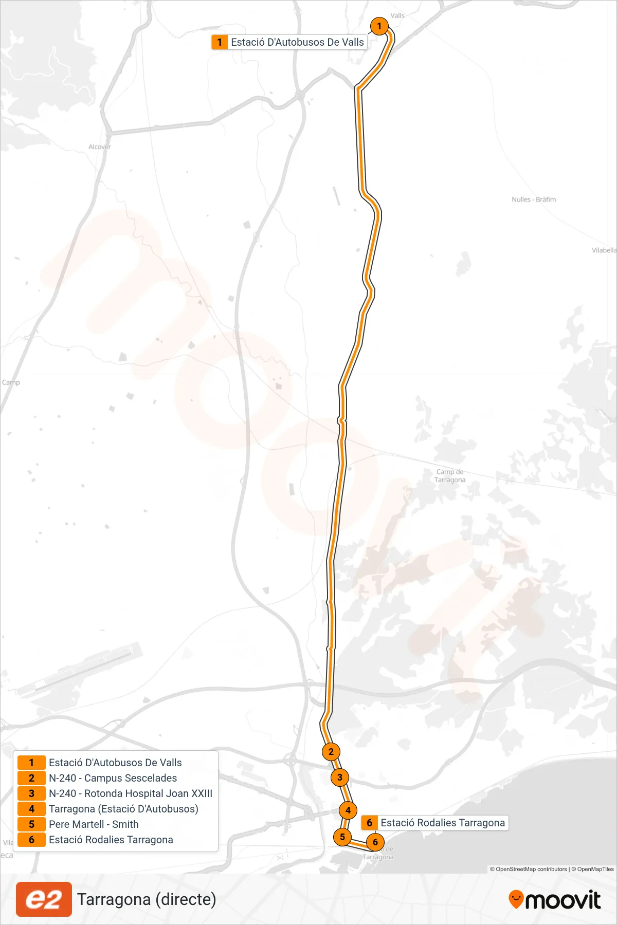 E2 bus Line (Tarragona (directe)) route and stops on a map