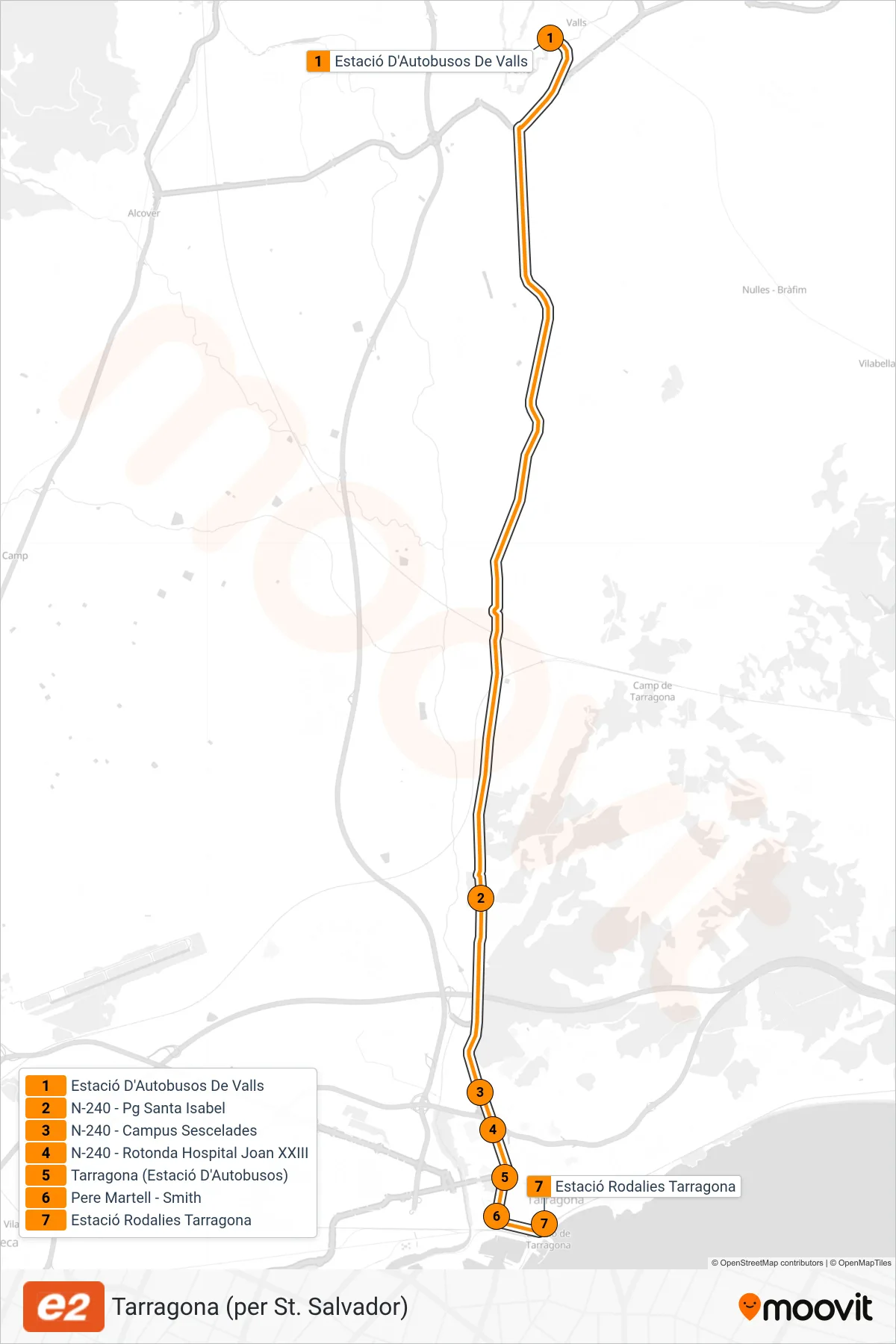 E2 bus Line (Tarragona (per St. Salvador)) route and stops on a map