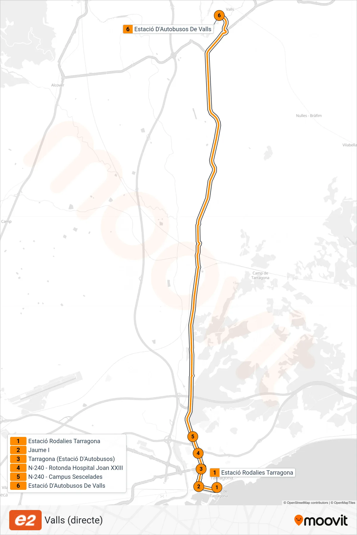 Recorrido y paradas de la línea E2 de autobús (Valls (directe)) en el mapa