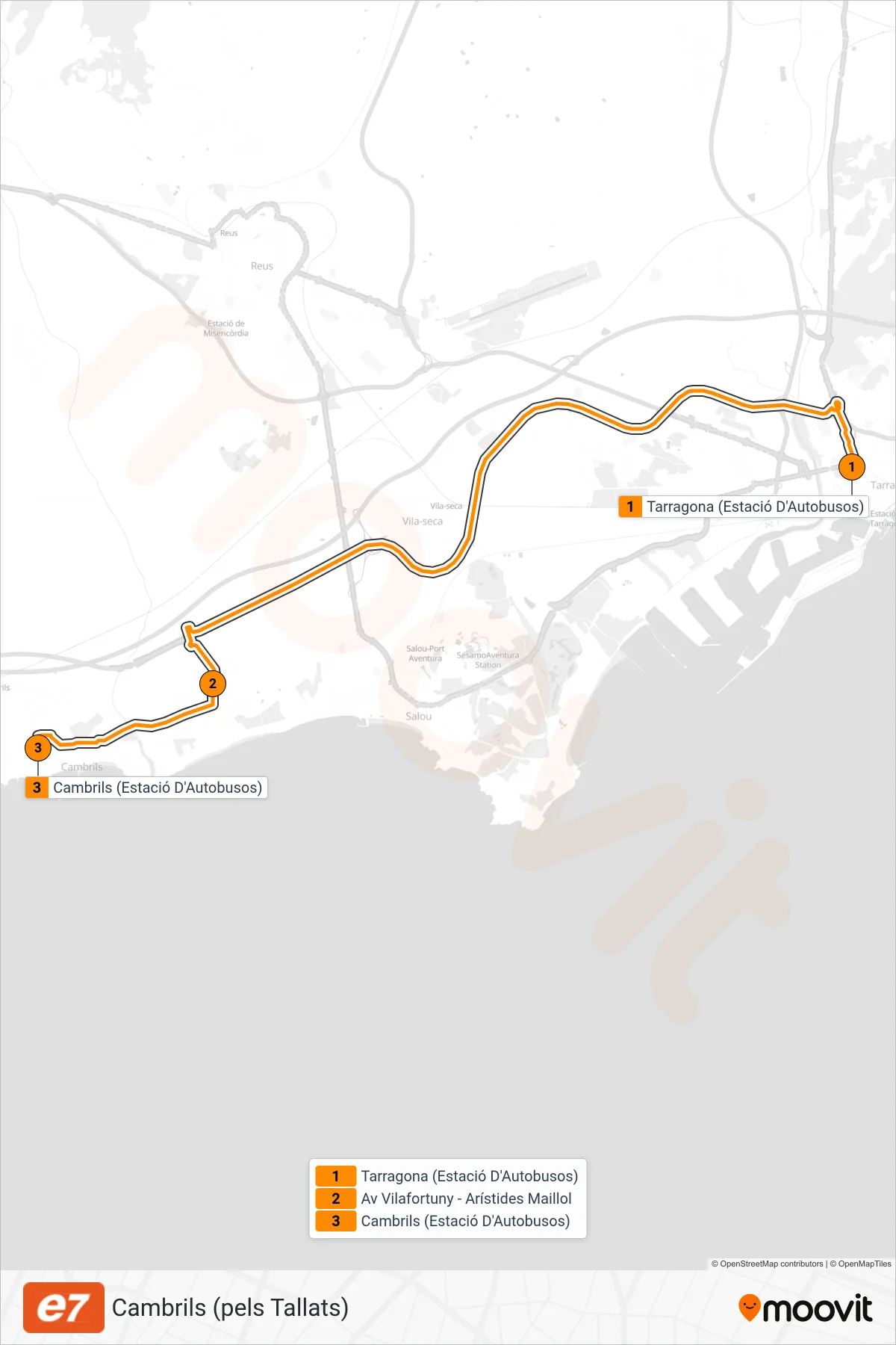 Ruta i parades de la línia E7 bus (Cambrils (pels Tallats)) en un mapa