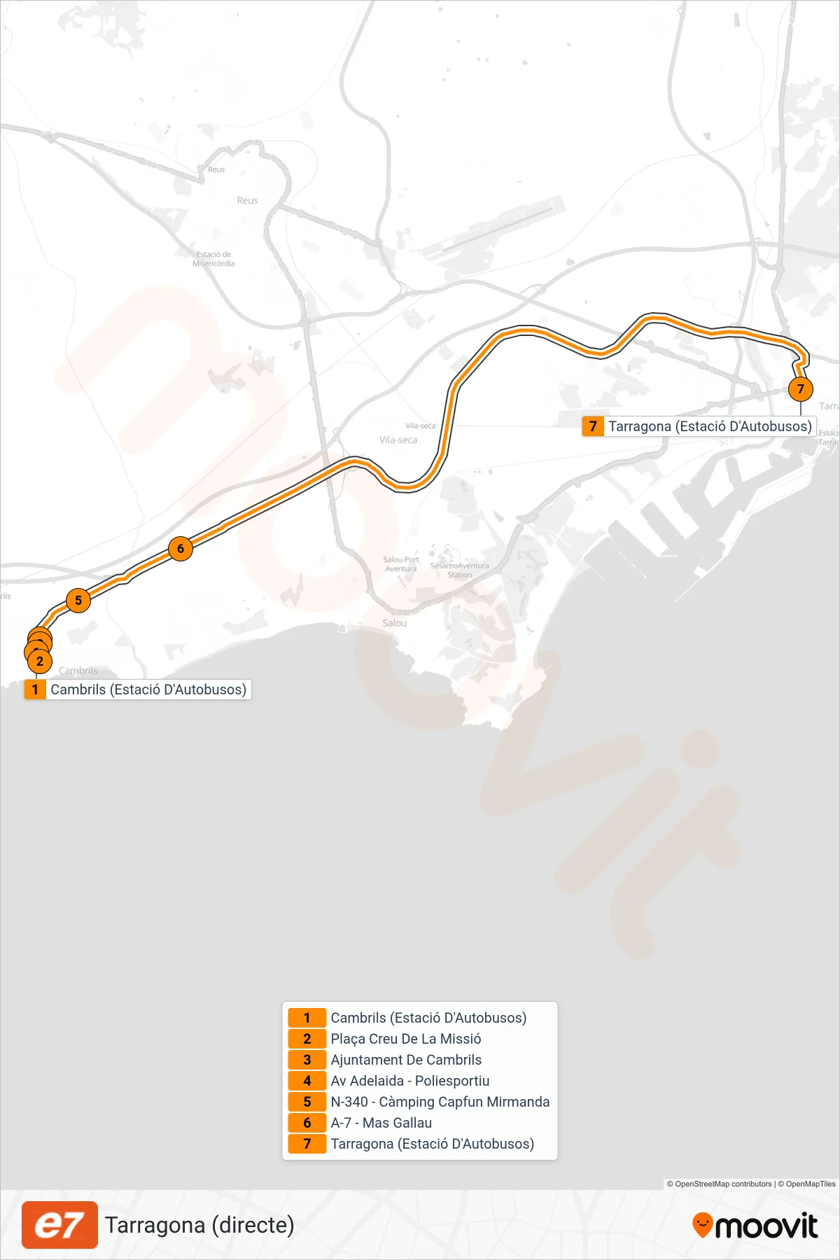 Recorrido y paradas de la línea E7 de autobús (Tarragona (directe)) en el mapa