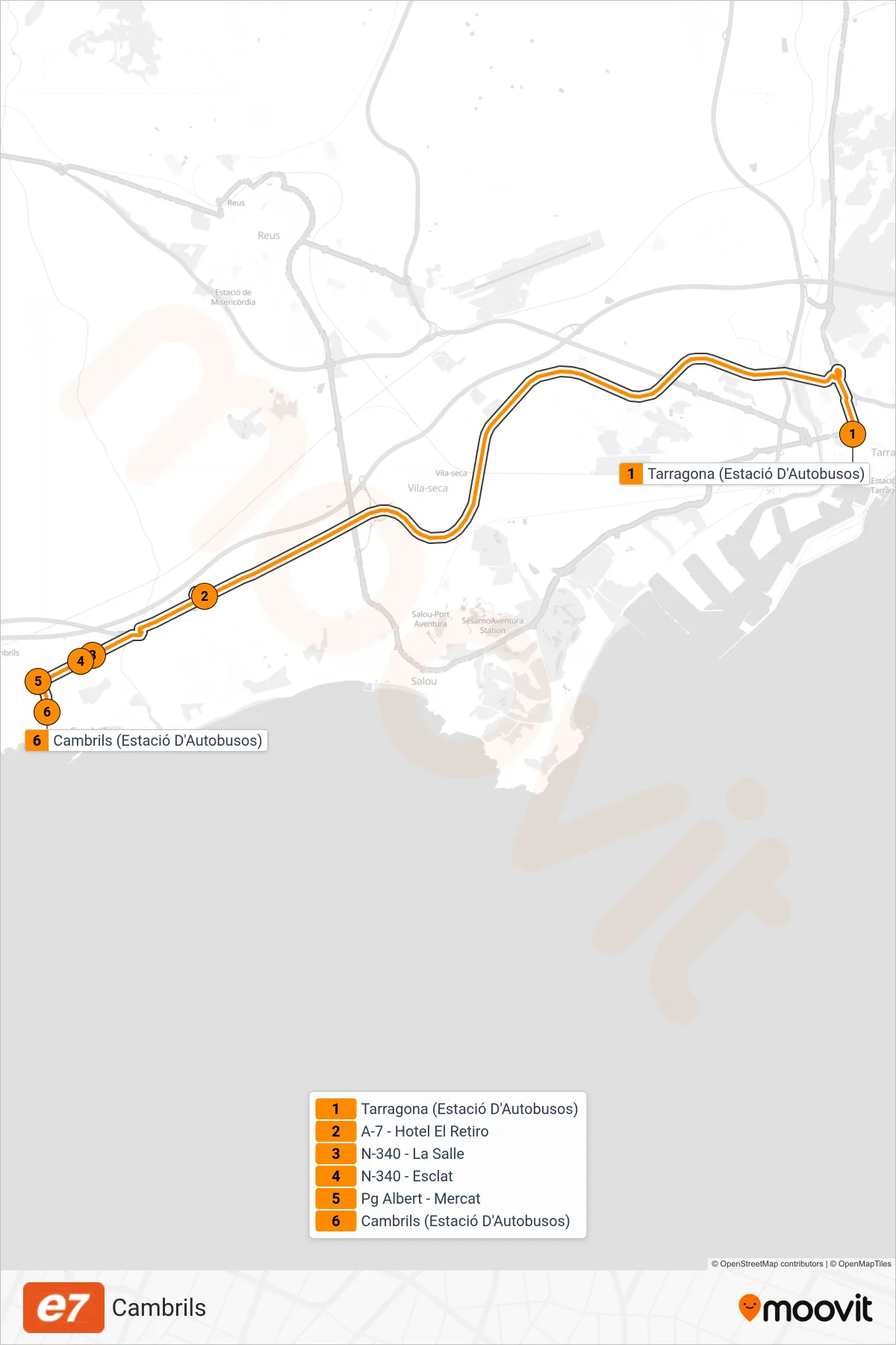 E7 bus Line (Cambrils) route and stops on a map