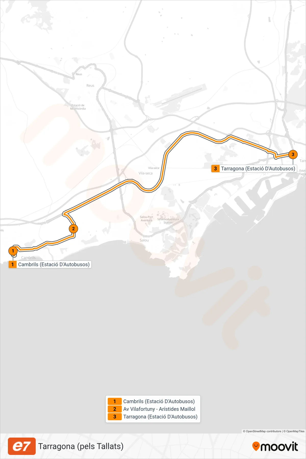 E7 bus Line (Tarragona (pels Tallats)) route and stops on a map
